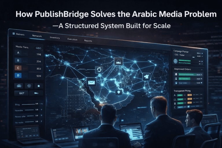 Structured Arabic media network dashboard showing connected publishers, campaign planning, and centralized control system