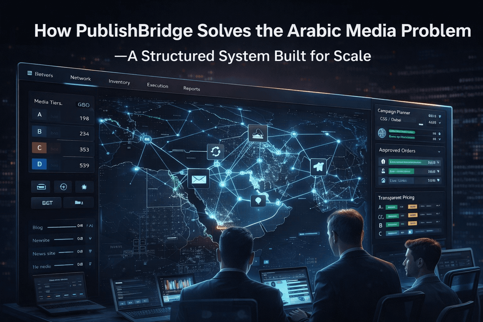 Structured Arabic media network dashboard showing connected publishers, campaign planning, and centralized control system