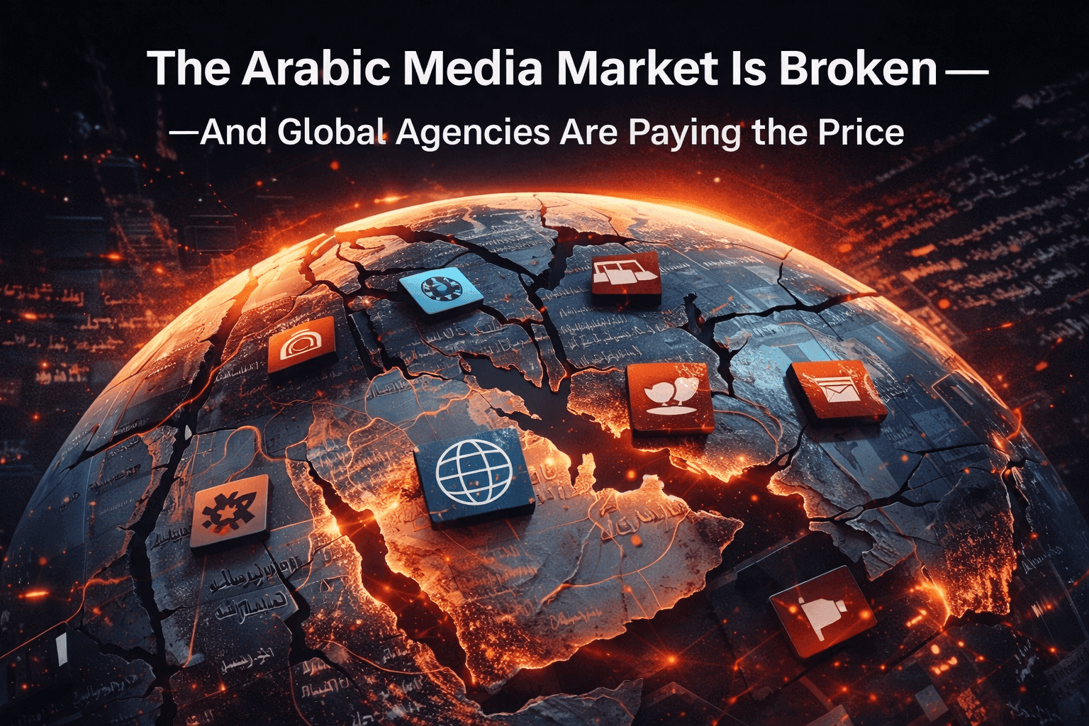Fragmented Arabic media landscape showing disconnected digital platforms across the Middle East, representing challenges in media access and distribution