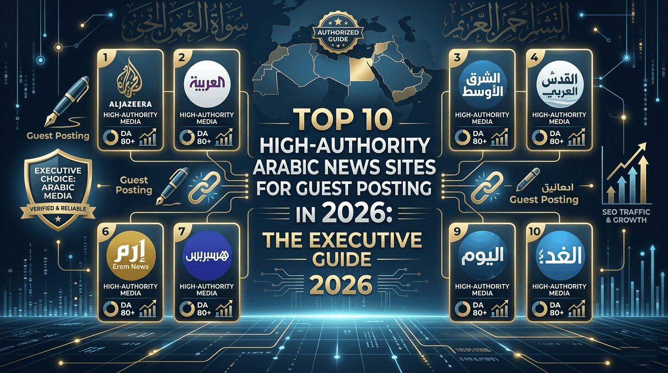 Infographic of the Top 10 High-Authority Arabic News Sites for Guest Posting in 2026, displaying a digital dashboard with MENA media outlets, Domain Authority metrics, and SEO growth charts.
