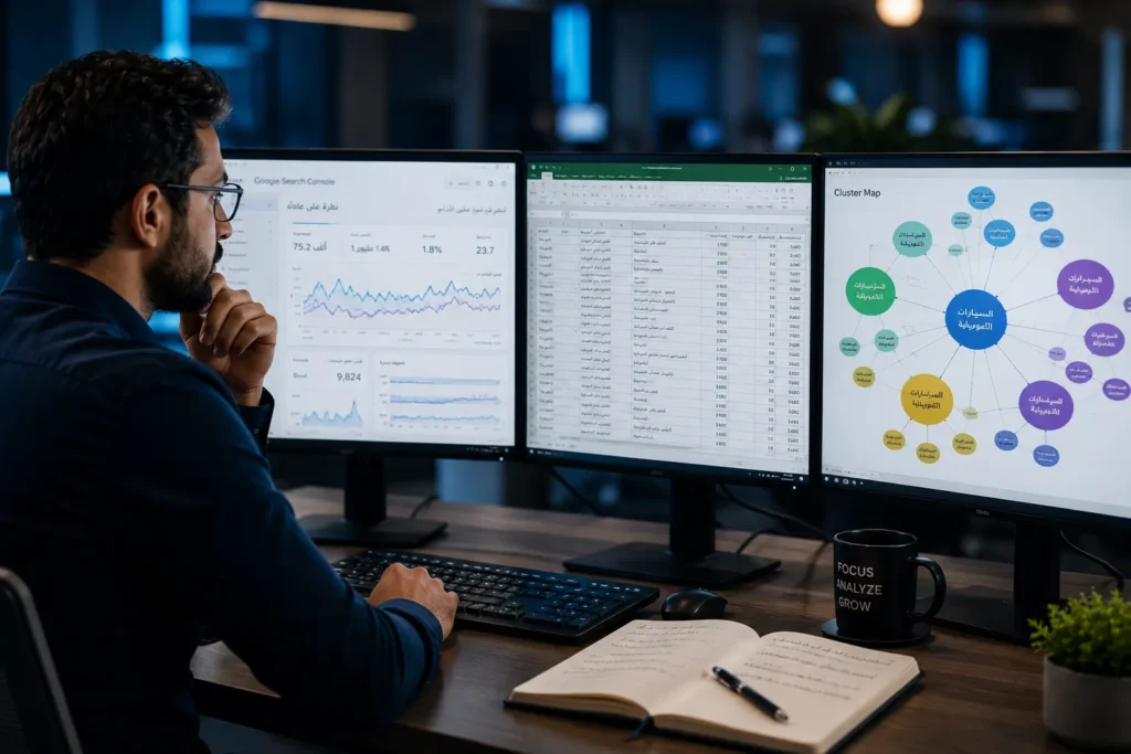 SEO analyst performing Arabic keyword research using search data, semantic clustering, and regional search intent analysis.