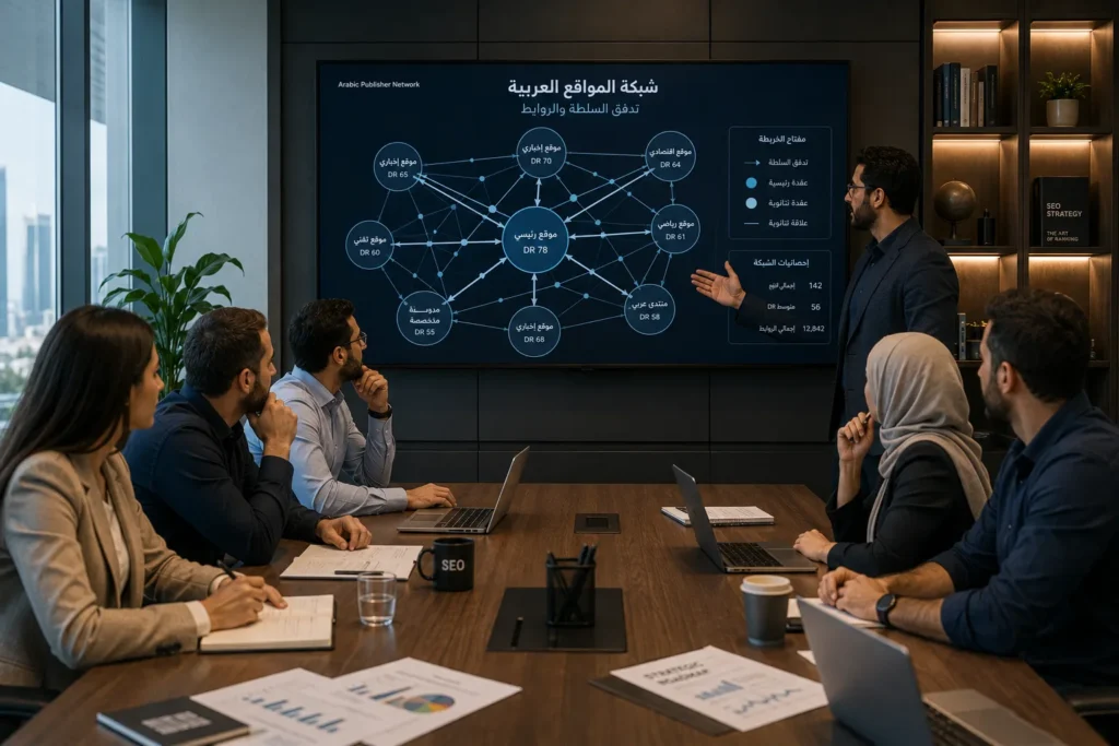 SEO team developing Arabic topical authority through publisher outreach, digital PR, and regional content strategy.