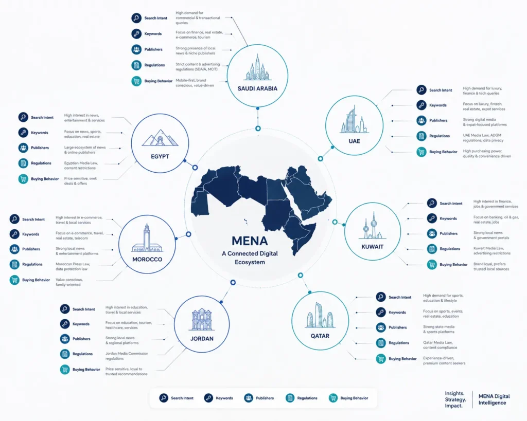 Infographic illustrating the fragmented Arabic search ecosystem across Saudi Arabia, UAE, Egypt, and other MENA markets with differences in search behavior and user intent.