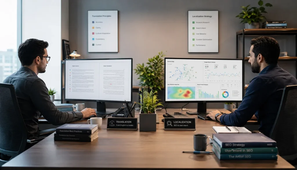 SEO localization specialist comparing translated content with localized Arabic SEO strategy based on regional search intent and keyword research.