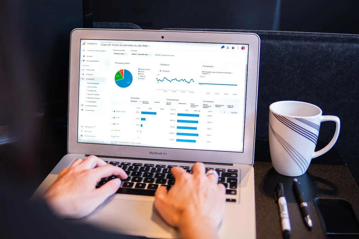 SEO professional reviewing analytics and a link campaign strategy on a laptop
