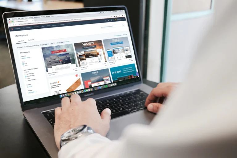 Laptop and desk workspace representing marketplace listings and category navigation