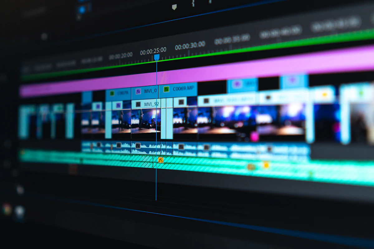 Video editing workstation with a timeline on screen illustrating Arabic video publishing and optimization