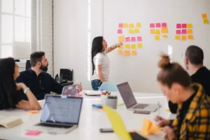 Editorial and marketing team discussing sponsored content standards